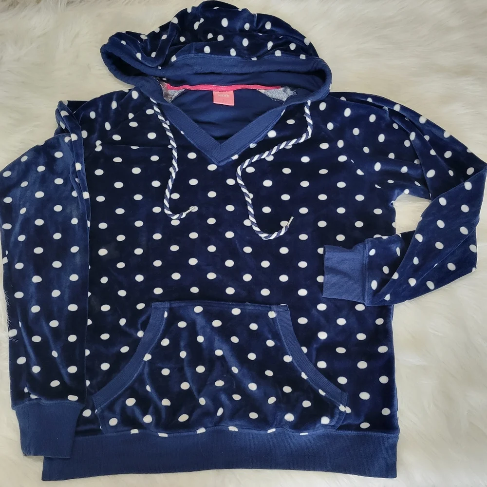 Jenni Intimates Polka Dot Velour Lounge Wear Set Hoodie & Pant Set L EUC Navy - Picture 2 of 16